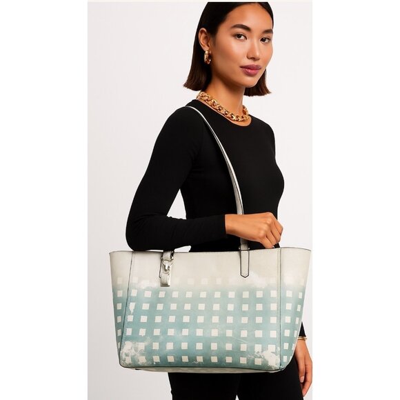 Coach Madison Gingham Leather tote blue purse bag - Picture 1 of 15